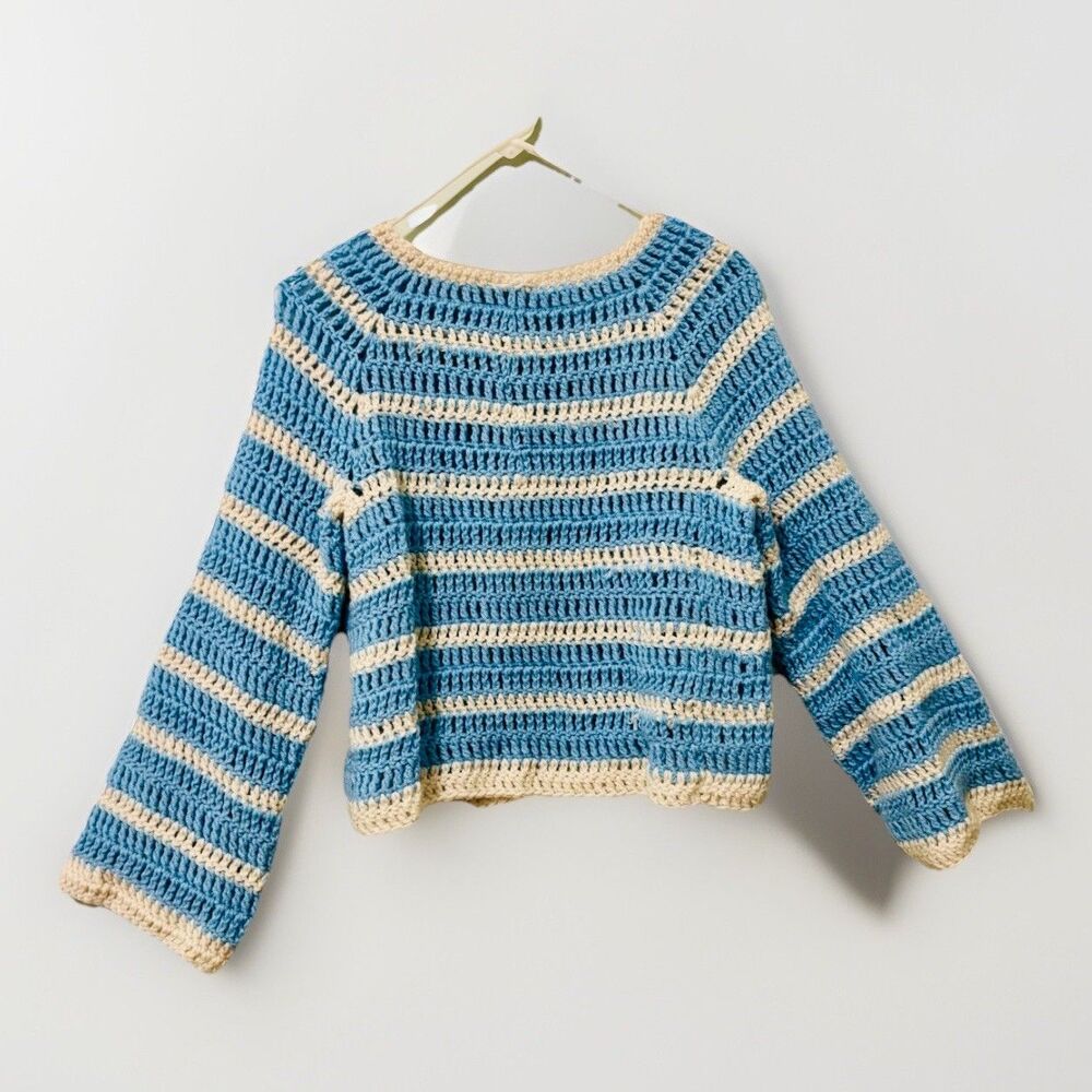 Handmade Striped knitted Crochet Sweater scoopneck Bell Sleeve M/L Blue White - Picture 4 of 4